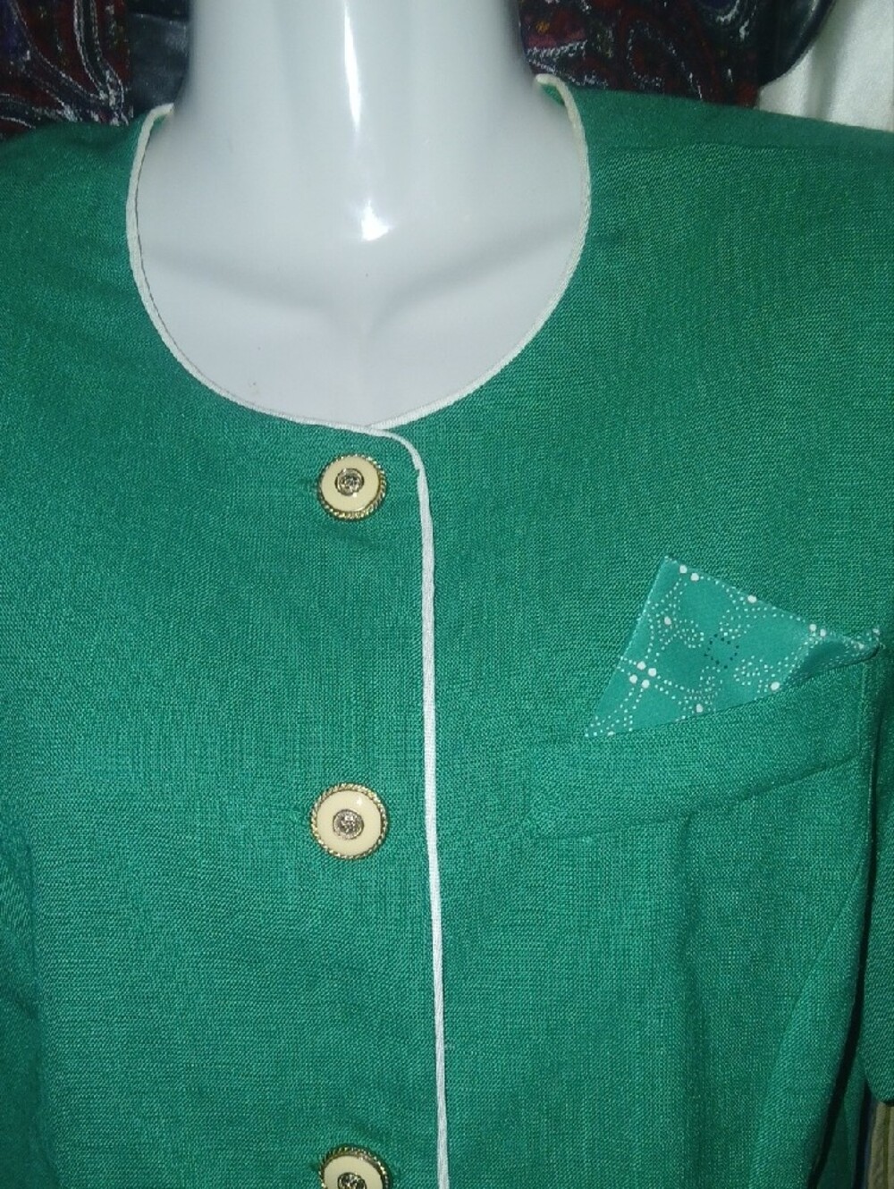 90s Vintage Leslie Fay Emerald Green Short Sleeve Blazer W/ Faux Packet Square - Picture 2 of 9